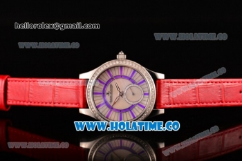 Jaeger-LeCoultre Lady Miyota Quartz Steel Case with White MOP Dial Red Leather Strap and Purple Stick Markers - Diamonds Bezel