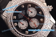 Rolex Daytona Swiss Valjoux 7750-SHG Automatic Diamond Case/Bezel with Black Dial and Black Leather Strap