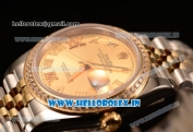 Rolex Datejust 37mm Swiss ETA 2836 Automatic Two Tone with Gold Dial and Roman Diamods Markers Diamonds Bezel