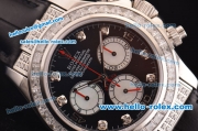 Rolex Daytona Swiss Valjoux 7750-SHG Automatic Diamond Case/Bezel - Black Dial and Black Leather Strap