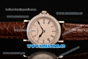 Patek Philippe Calatrava Miyota Quartz Steel Case with White Dial and Roman Numeral Markers - Diamonds Bezel