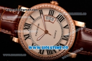 Cartier Rotonde De Miyota Quartz Rose Gold Case with White Dial Diamonds Bezel and Roman Numeral Markers