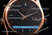 Patek Philippe Calatrava Miyota Quartz Rose Gold Case with Black Dial and Black Leather Strap Diamonds Markers