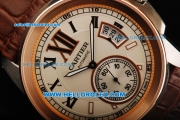 Cartier Calibre Automatic Movement Steel Case with Rose Gold Bezel and Brown Leather Strap