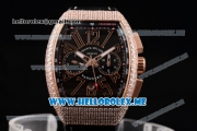 Franck Muller Vanguard Miyota OS20 Quartz Rose Gold Case with Black Dial Black Leather Strap and Diamonds Bezel