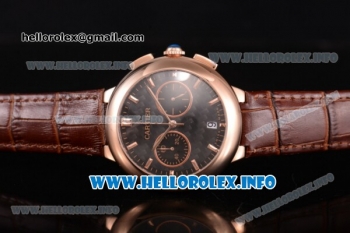 Cartier Rotonde De Chrono Miyota Quartz Rose Gold Case with Black Carbon Fiber Dial and Brown Leather Strap - Stick Markers