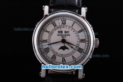 Patek Philippe classic Automatic Movement with White Dial and Black Roman Marking-Black Leather Strap