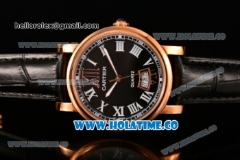 Cartier Rotonde De Miyota Quartz Rose Gold Case with Black Dial Leather Strap and White Roman Numeral Markers