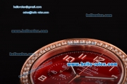 Omega Speedmaster Chrono Swiss Quartz Rose Gold Case Diamond Bezel with Red Leather Strap and Red Dial Numeral Markers