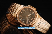 Patek Philippe Nautilus Swiss Quartz Movement Rose Gold Case and Strap with Black Dial and Diamond Bezel