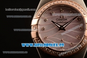 Omega Constellation Ladies Miyota Quartz Two Tone Case/Bracelet with Pink MOP Dial Diamonds Markers and Diamonds Bezel (AAAF)