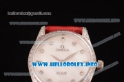 Omega De Ville Prestige Miyota Quartz Steel Case with White MOP Dial Diamonds Bezel and Red Leather Strap