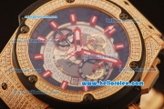 Hublot King Power Swiss Valjoux 7750 Automatic Rose Gold Case with Diamond Bezel and Skeleton Dial-Red Markers