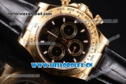 Rolex Cosmograph Daytona Clone Rolex 4130 Automatic Yellow Gold Case with Black Dial Stick Markers and Black Leather Strap (BP)