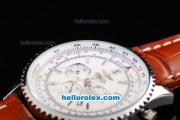 Breitling Navitimer Chronograph Quartz Movement Silver Case with White Dial and Brown Leather Strap-Stick Markers