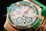 Hublot Big Bang Chronograph Swiss Valjoux 7750 Automatic Movement White Dial with Green Diamond Bezel and Rose Gold Stick Markers/ Arabic Numerals