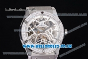 Hublot Classic Fusion Skeleton Asia Automatic Steel Case with Skeleton Dial Diamonds Bezel and Brown Leather Strap
