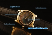 Rolex Cellini Swiss Quartz Yellow Gold Case with Grey MOP Dial and Black Leather Strap-Numeral Markers