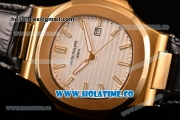 Patek Philippe Nautilus Asia Automatic Yellow Gold Case with White Dial Black Leather Strap and Stick Markers