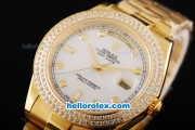 Rolex Day-Date II Automatic Movement Full Gold with Double Row Diamond Bezel-White MOP Dial and Diamond Markers