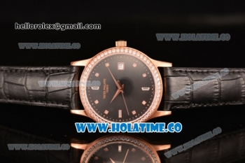 Patek Philippe Calatrava Swiss ETA 2824 Automatic Rose Gold Case with Diamonds Bezel Black Dial and Diamonds Markers