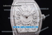 Franck Muller Black Croco Ronda 762 Quartz Steel Case with White Dial Arabic Numeral Markers and White Leather Strap Diamonds Bezel