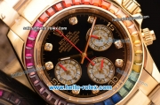 Rolex Daytona Chronograph Miyota OS20 Quartz Gold Case/Strap with Colorful Diamond Bezel and Black Dial