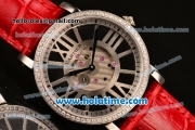 Cartier Rotonde De Swiss Quartz Steel Case with Diamonds Bezel Skeleton Dial and Red Leather Strap