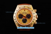 Rolex Daytona Oyster Perpetual Automatic Gold Case with Gold Bezel,Yellow Dial and White Marking-Leather Strap