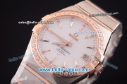 Omega Constellation Co-Axial Swiss ETA 2824 Automatic Steel Case with Rose Gold/Diamond Bezel and White MOP Dial-Rose Gold Stick Markers