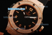 Hublot Big Bang Swiss Quartz Movement Rose Gold Case with Black Dial and Double Row Diamond Bezel