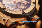 Hublot King Power Swiss Valjoux 7750 Automatic Rose Gold Case with Diamond Bezel and Skeleton Dial-Black Rubber Strap