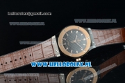 Hublot Classic Fusion Miyota 9015 Automatic Rose Gold Case with Black Dial Stick Markers and Brown Genuine Leather Strap