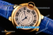 Cartier Ballon Bleu De Medium Asia 4813 Automatic Yellow Gold Case with Silver Dial and Burgundy Leather Strap - Roman Numeral Markers (GF)