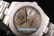 Rolex Day Date II Automatic Movement Full Steel with Double Row Diamond Bezel with Diamond Markers and Grey Dial