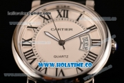 Cartier Rotonde De Miyota Quartz Rose Gold Case with White Dial Roman Numeral Markers and Black Leather Strap