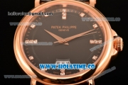 Patek Philippe Calatrava Miyota Quartz Rose Gold Case with Black Dial and Diamonds Markers