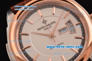 Patek Philippe Calatrava Swiss ETA 2824 Automatic Steel Case Rose Gold Bezel with Brown Leather Strap White Dial Stick Markers