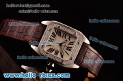 Cartier Santos 100 Medium Japanese Miyota OS2035 Quartz Steel Case with Brown Leather Strap Diamond Bezel and White Dial