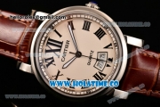 Cartier Rotonde De Miyota Quartz Steel Case with White Dial and Brown Leather Strap - Roman Numeral Markers