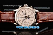 Longines Master Moonphase Chrono Miyota OS10 Quartz with Date Steel Case with White Dial Stick Markers and Brown Leather Strap