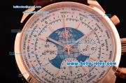 Breitling Transocean Chronograph Unitime Chrono Swiss Valjoux 7750-SHG Automatic Rose Gold Case with Brown Leather Strap White Dial Stick Markers