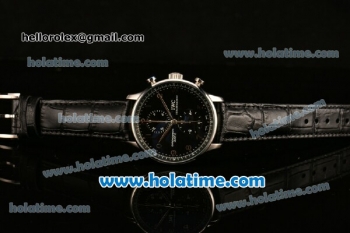 IWC Portuguese Chrono Miyota OS20 Quartz Steel Case with Black Leather Strap and Black Dial