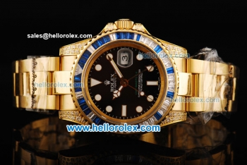 Rolex GMT Master II Swiss ETA 2836 Automatic Movement Full Gold with Black Dial and Diamond Bezel