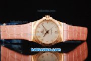 Omega Constellation Quartz Movement Rose Gold Case with White Dial and Pink Leather Strap