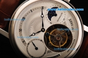 Breguet Tourbillon Manual Winding Movement Steel Case with White Dial and Brown Leather Strap