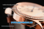 Patek Philippe Calatrava Miyota 9015 Automatic Rose Gold Case with Rose Gold Dial Brown Leather Strap and Roman Numeral Markers Diamonds Bezel