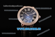 Cartier Ballon Bleu De Small Swiss Quartz Steel Case with Diamonds Bezel Black Dial and Black Leather Strap - White Markers