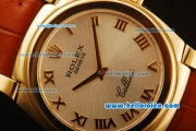 Rolex Cellini Swiss Quartz Yellow Gold Case with Silver Dial and Brown Leather Strap-Roman Markers