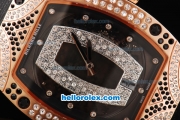 Richard Mille RM007 Automatic Movement Rose Gold Case with Diamond Hour Marker and Diamond Bezel-Black Leather Strap